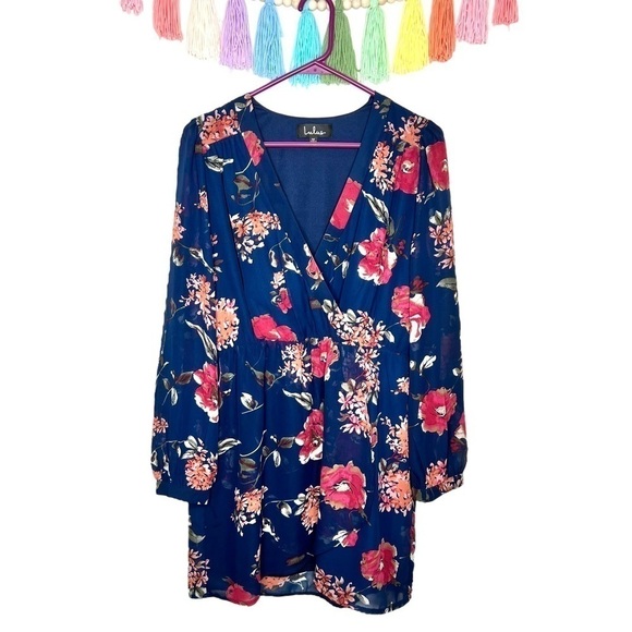 Lulus Pretty Pretender Navy Floral Print Long Sleeve Faux Wrap Dress Size Medium - Picture 6 of 17